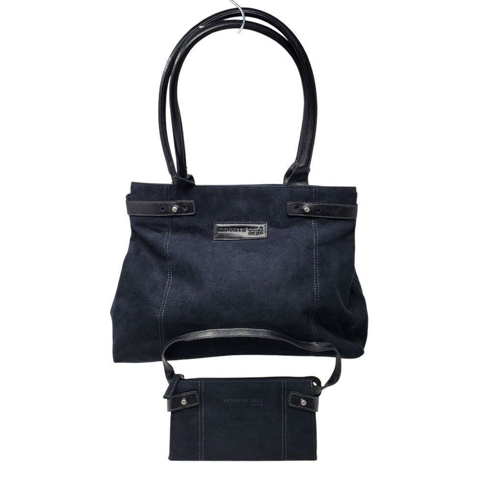 Kenneth Cole Black Suede Top Handle Tote‎ & Mini Bag Wallet Contrast Stitching